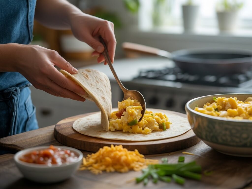easy breakfast burrito with eggs and cheese preparation